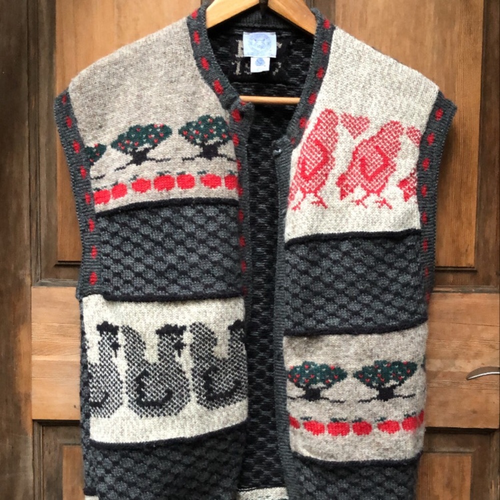Vintage Chickens and Apple trees wool Vest USA